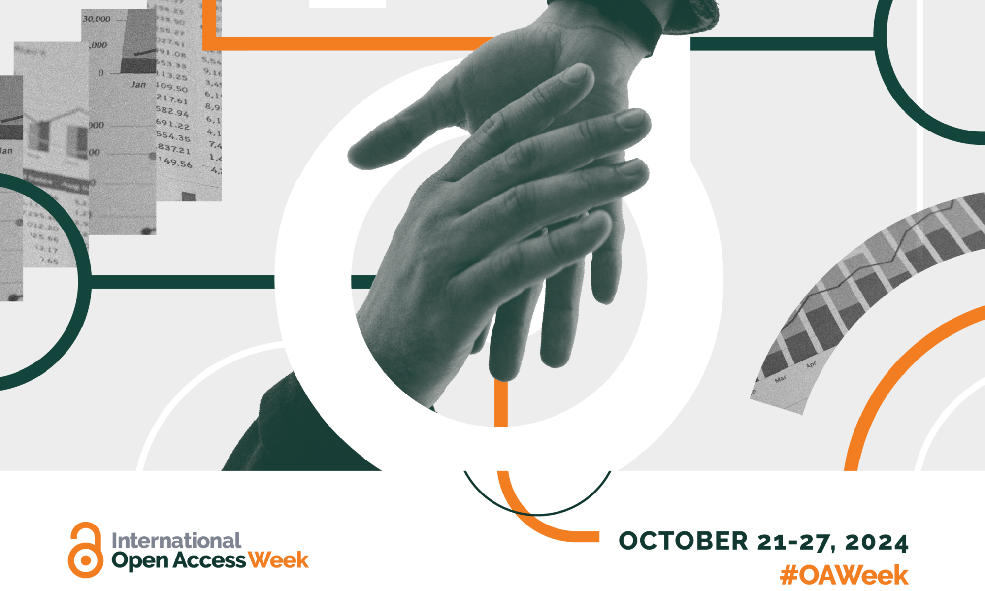 A stylized grey graphic. A hand reaches out to another hand in the center. A Caption reads, "Connectivity over Commercialization" for Open Access Week 2024