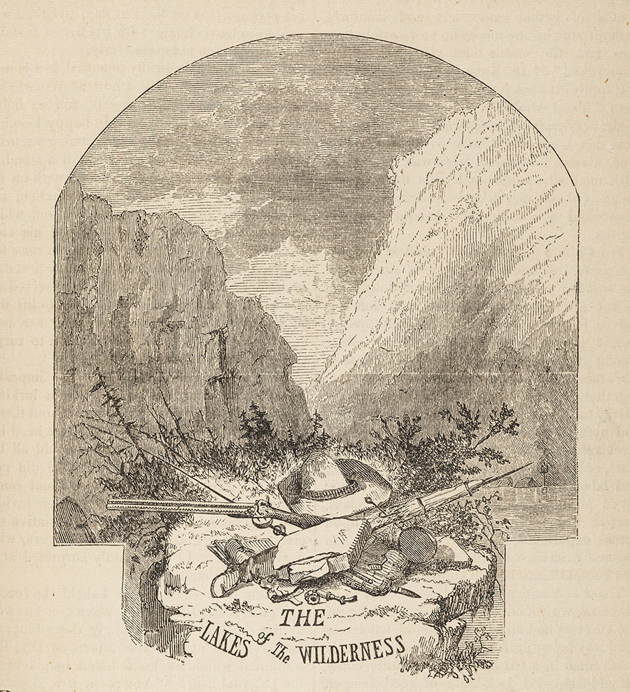 A pencil sketching of a valley. A label reads "The Lakes of the Wilderness" under a pair of crossed rifles, camping supplies and a hat with a high brow.