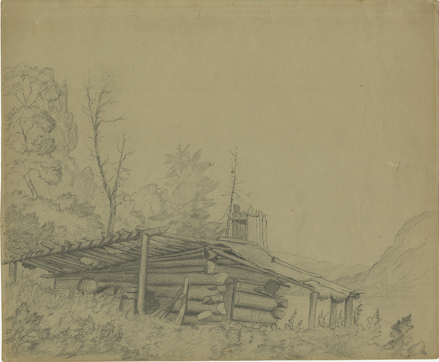 A sketching of a lean-to house. The house is made of whole logs with a small over-hang. Trees, some with leaves, stand in the background.