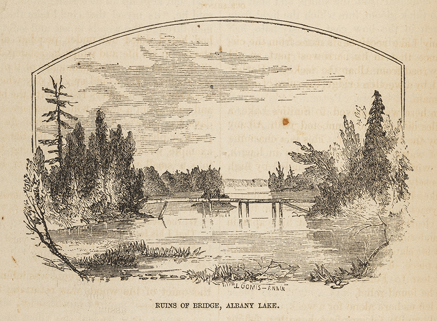 A small wooden bridge stands in the center of a pencil sketch of a Albany Lake. The caption reads "Ruins of Bridge, Albany Lake."