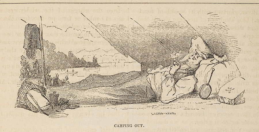 A sketching of a figure reclining, their arm propped up on a pillow supporting their neck. They smoke a pipe inside their tent. In the background, a lake and trees stand on the horizon.