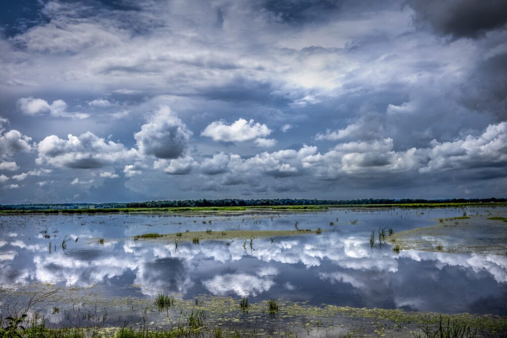 Clouds gathering over Montezuma National Wildlife Refuge, Owned by the US Fish and Wildlife Service an the Montezuma Wetlands Complex, signal an afternoon rain.